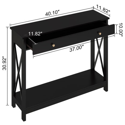 Treocho Oxford Design Console Table with 1 Drawer, Foyer Sofa Table Narrow for Entryway, Black