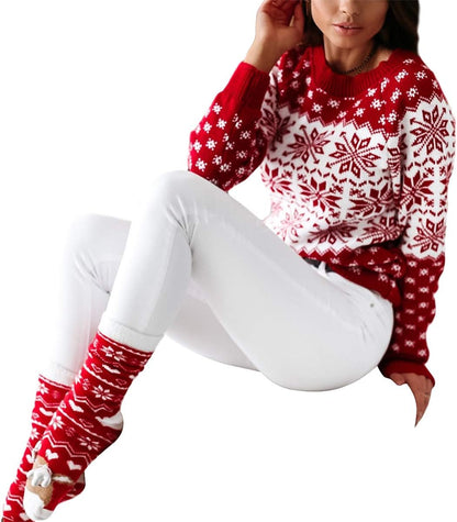 Women Sweater Christmas Oversized Pullover Sweaters Reindeer Snowflake Graphic Long Sleeve Crew Neck Knit Tops