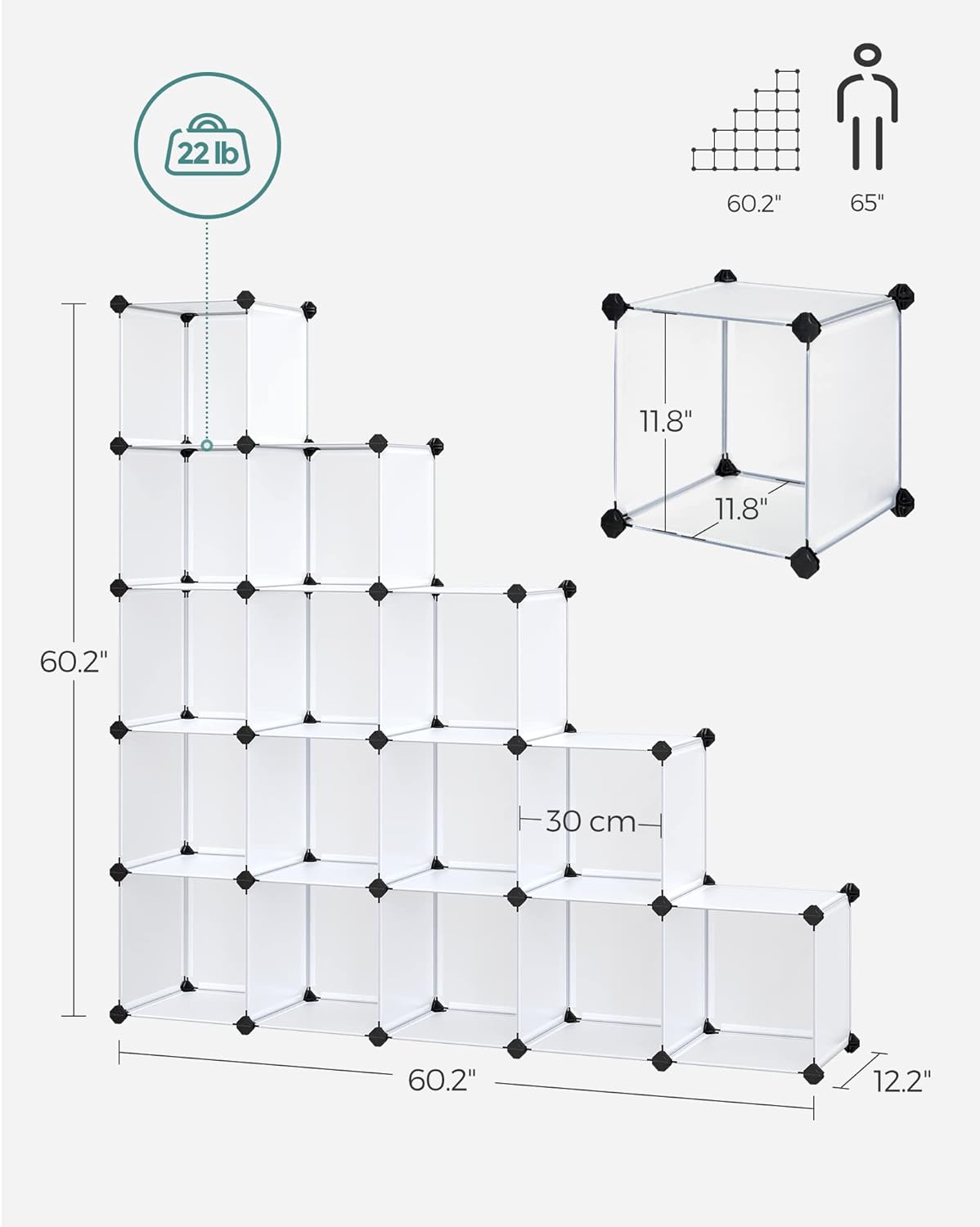 SONGMICS Cube Storage Organizer, 16-Cube Book Shelf, Closet Organizers and Storage, Room Organization, Cube Shelving for Bedroom Living Room, 12.2 x 48.4 x 48.4 Inches, White ULPC44L