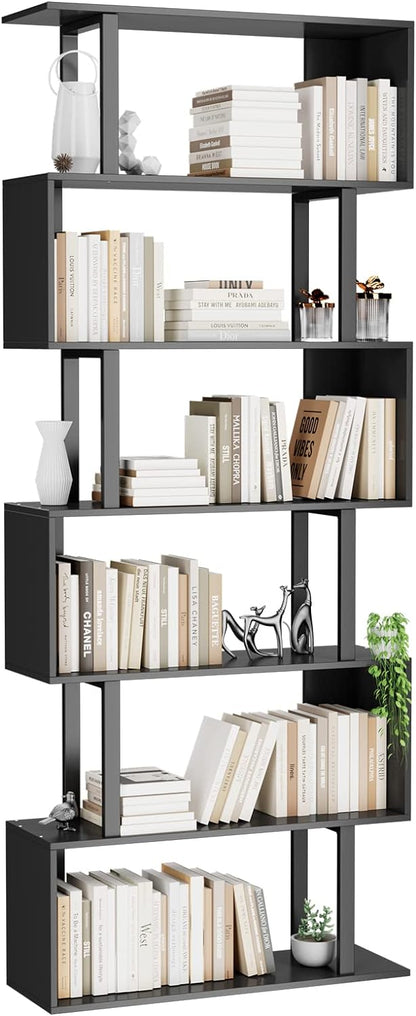 Gadroad 5-Tier Geometric Bookcase,S Shaped Bookshelf, Wood Decorative Storage Shelving, Modern Freestanding Display Shelves, Tall Book Shelf Unit for Living Room Bedroom, Black