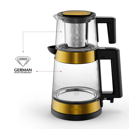 Feller Germany 2200W 2-in-1 Glass Tea Maker + Electric Kettle, UK STRIX Controller, German Glass Technology, TS600, 2Y Guarantee, Stainless Steel-UAE Version (Perforated Steel)