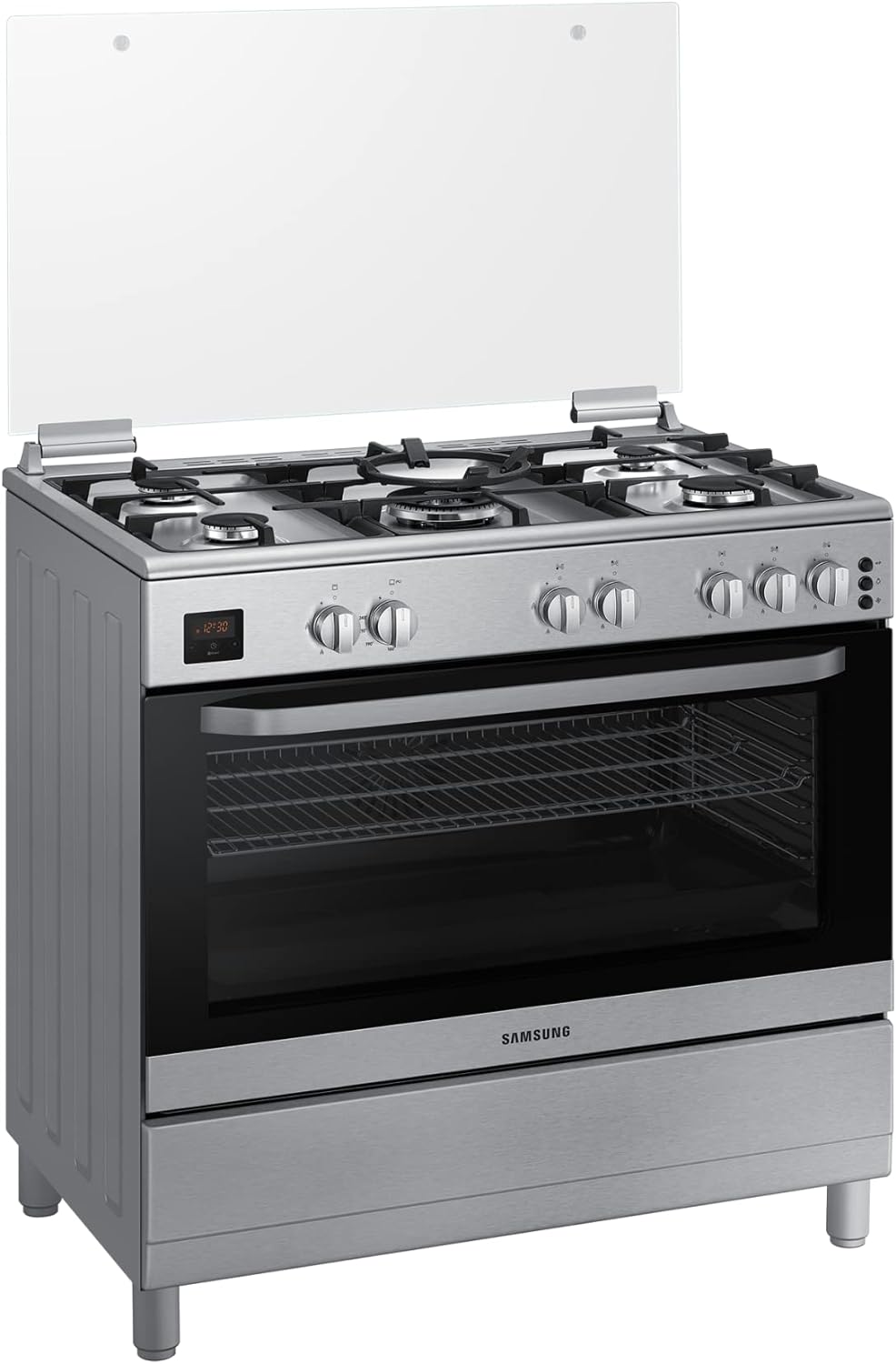 Samsung 90cm x 60cm Gas Cooker with Oven Thermostat, 89L, 4.5 kW Triple Power Burner, Auto Turnspit, 3 Touch Control Digital Reminder, Silver