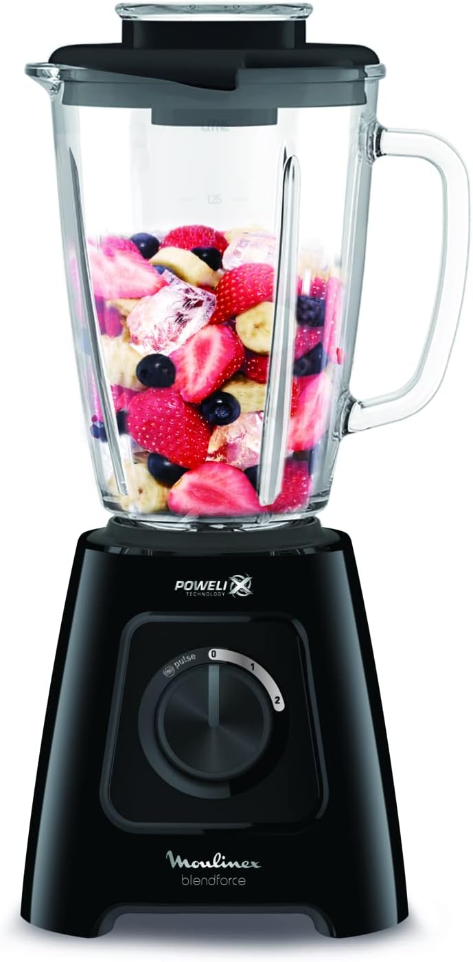 MOULINEX Blender | BlendForce XXL Jar 2.8 L Blender Smoothie Maker | Mixer | 600 W | 2 Attachments | 2.8L XXL Plastic Jar| 6 Powelix Blades | Ice Crush | 2 Speeds | 2 Years Warranty | LM458127