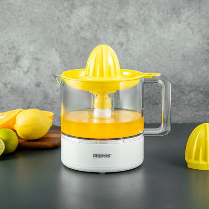 Geepas Portable Citrus Juicer Set Non Slip Feet Transparent Lid Plastic Body Effortless Juicer with 2 Cones Bi-Direction Twist for Quick Nutritious Juices 1 L 25 W GCJ9900 Yellow/White