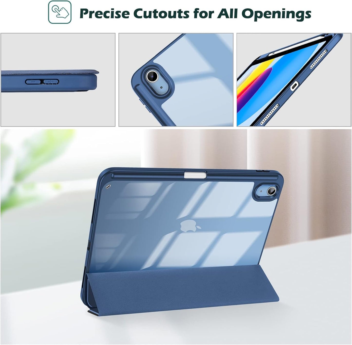 ProCase for iPad 10th Gen Case with Pencil Holder 2022 iPad 10.9 Inch Case, Clear Transparent Back Shell Trifold Protective Cases Shockproof Cover for 2022 iPad 10th Gen A2696 A2757 A2777 -Navy