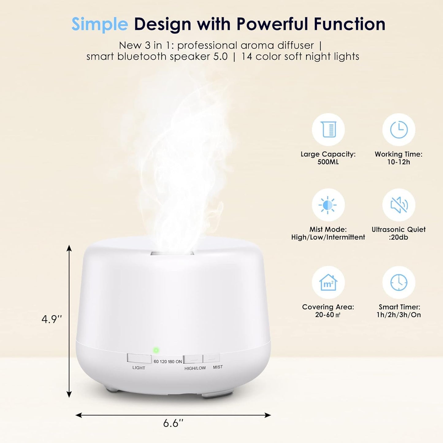 Tiokkss Humidifier Oil Fragrance Diffuser Bluetooth Speaker 5.0, 500ML Aromatherapy Diffusers for Aroma Essential Oils Large Room Bedroom Office Home 14 Colors Night Light with Remote, 4 Timers