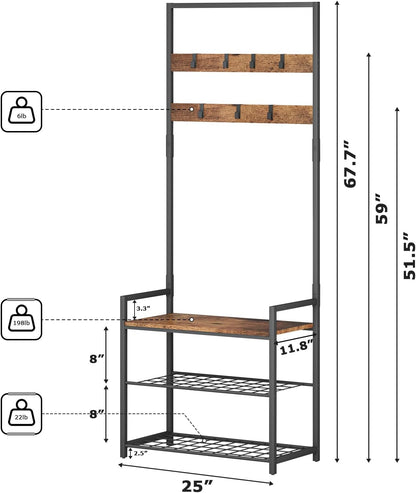 HOMEKOKO Coat Rack Shoe Bench, Hall Tree Entryway Storage Bench, Wood Look Accent Furniture with Metal Frame, 3-in-1 Design 25"L x 12"W x 68"H Brown