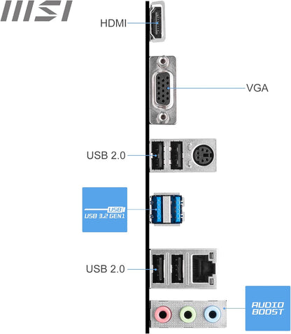 MSI PRO H610M-E DDR4 Motherboard, Micro-ATX - Supports Intel 12th Gen Core Processors, LGA 1700-2 x DIMMs (3200MHz), 1x PCIe 4.0 x16 slot, 1 x M.2 Gen3, USB 3.2 Gen1, 1G LAN, HDMI 1.4 & VGA