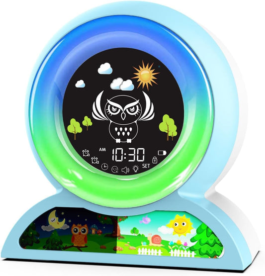 Angju Alarm Clock for Kids, Toddlers Sleep Training Clock with Night Light, Sound Machine & Night Light, Multifunctional Cute Digital Wake Up Clock for Boy and Girl Bedrooms, Birthday Gift