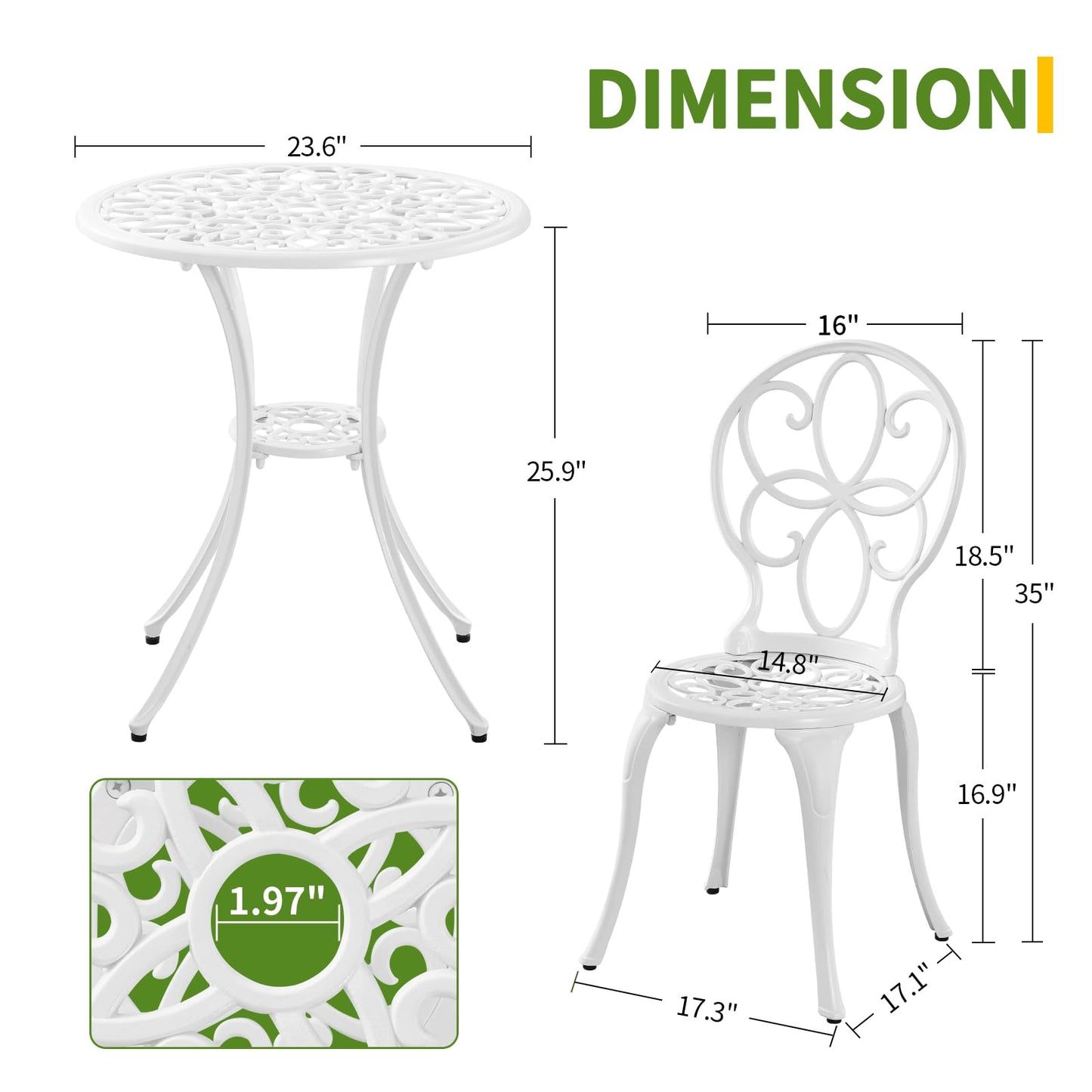 Withniture Bistro Table and Chairs Set of 2, White Metal Patio Bistro Set 3 Piece Outdoor Table Chairs with Umbrella Hole, Cast Aluminum Patio Furniture Set for Garden Porch