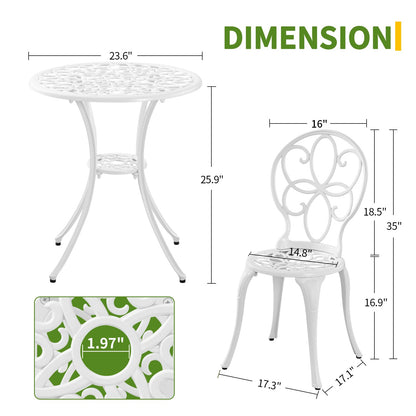 Withniture Bistro Table and Chairs Set of 2, White Metal Patio Bistro Set 3 Piece Outdoor Table Chairs with Umbrella Hole, Cast Aluminum Patio Furniture Set for Garden Porch