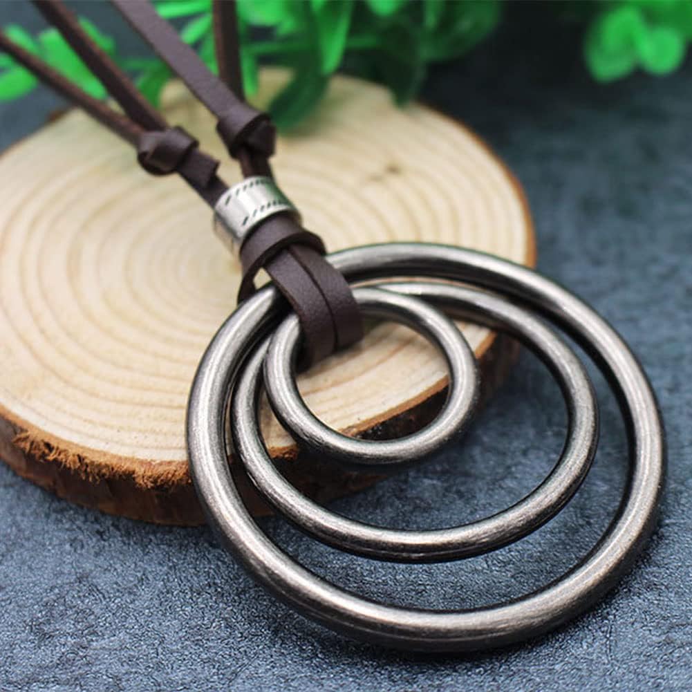 JczR.Y Leather Necklace for Men Double Circle Rings Leather Rope Pendant Necklace Punk Leather Chain Disc Ring Necklace Vintage Jewelry Gift