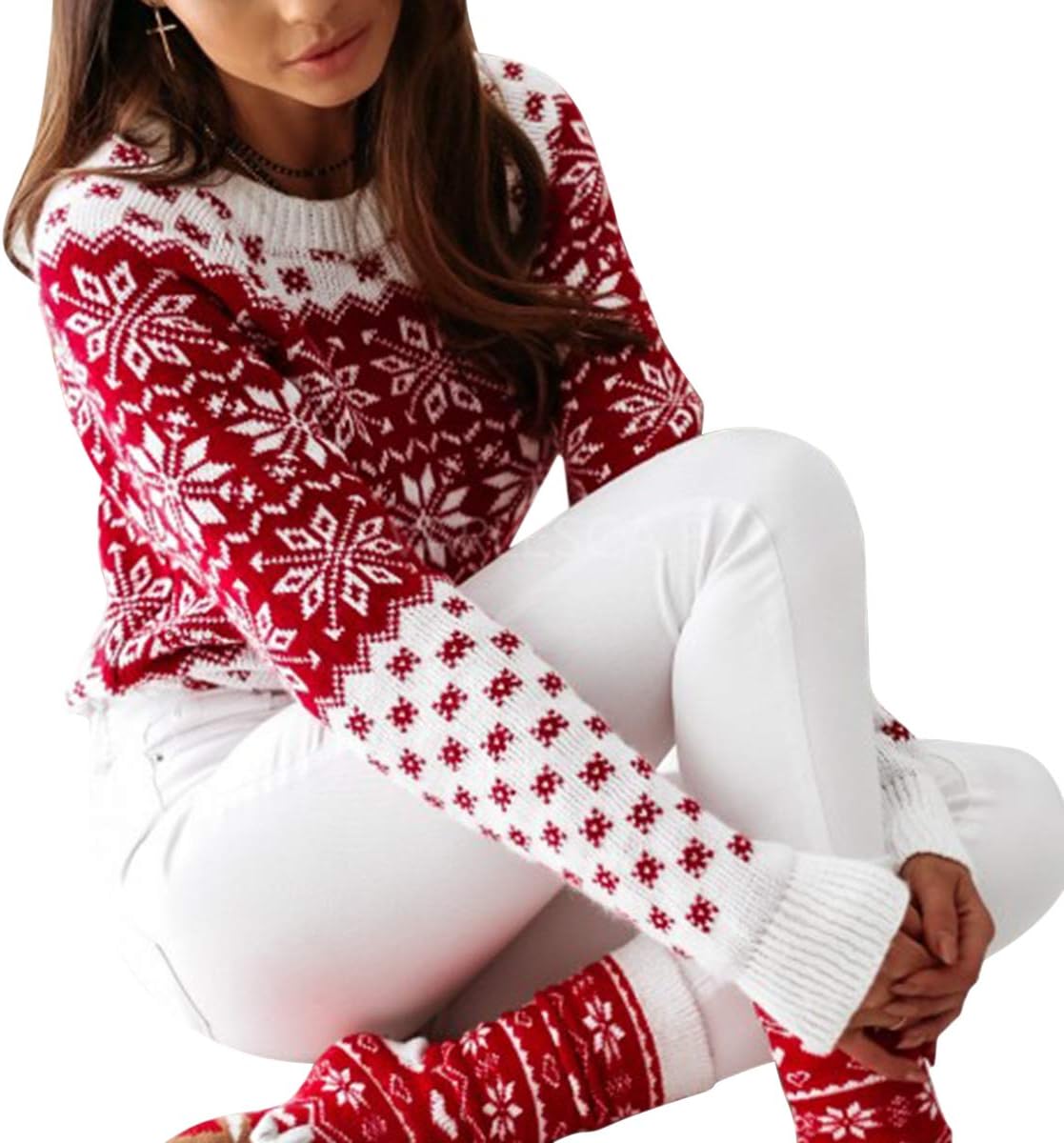 Women Sweater Christmas Oversized Pullover Sweaters Reindeer Snowflake Graphic Long Sleeve Crew Neck Knit Tops