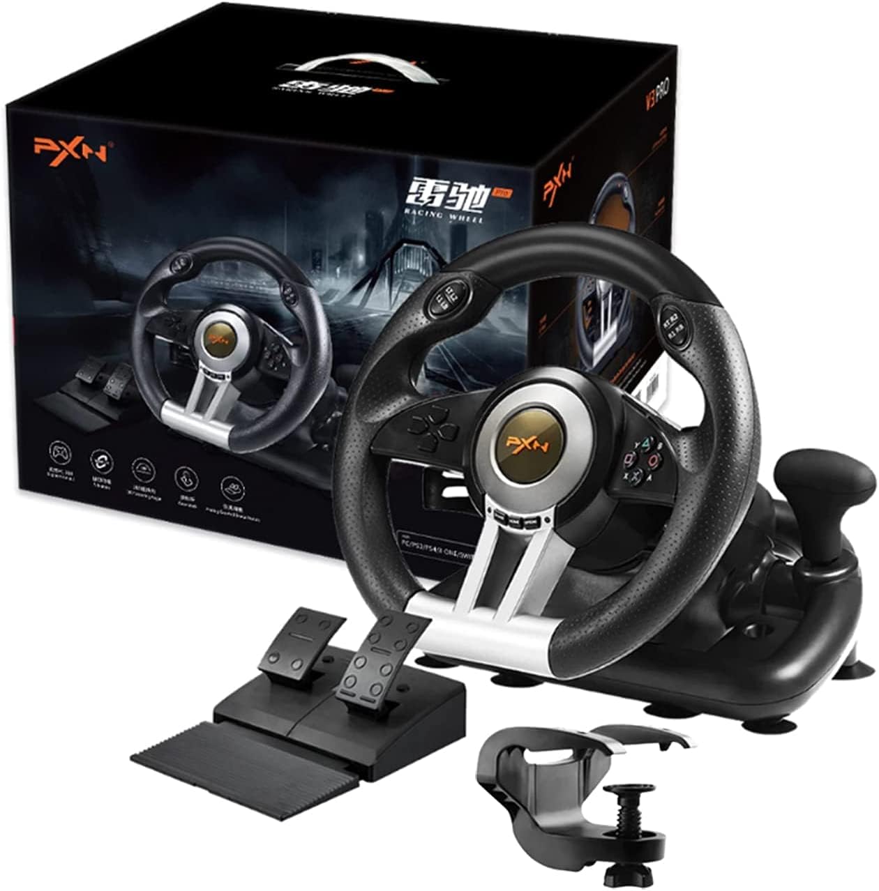 PXN V3II Simulate Racing Game Steering Wheel with Pedal, 180 Degree Steering Wheel, Compatible with Windows PC, PS3, PS4, for Switch - Black