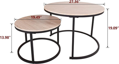 HOJINLINERO Nesting Round Coffee Table Set of 2 End Tables for Living Room,Grey Coffee Table Wooden Accent Furniture with Metal Frame,Stacking Side Tables,Black+Warm Grey