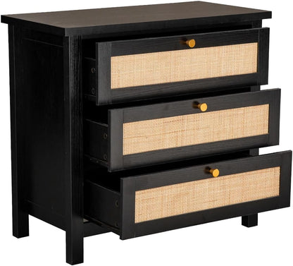 Hallowood Furniture Newquay Black Chest with 3 Wooden Drawers & Rattan Front, Small Chest of Drawers, Bedside Drawers, Hallway & Bedroom Storage Unit, Living Room Cabinets