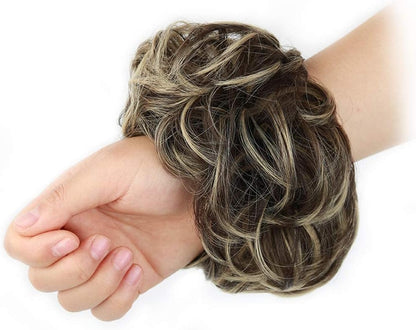 MORICA 1PCS Messy Hair Bun Hair Scrunchies Extension Curly Wavy Messy Synthetic Chignon for Women (12AH613(Light Golden Brown & Lightest Blonde))