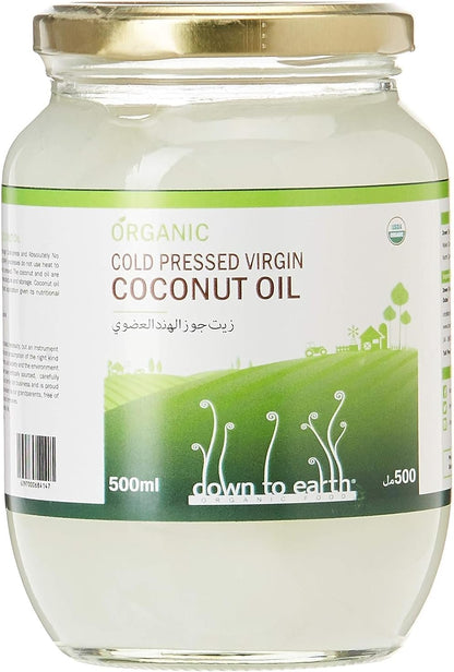 Down To Earth Organic Virgin Coconut Oil For Skin, Hair, and Body, 100% Organic Cold Pressed Oil, Best For Keto and Paleo diet - 500 ml