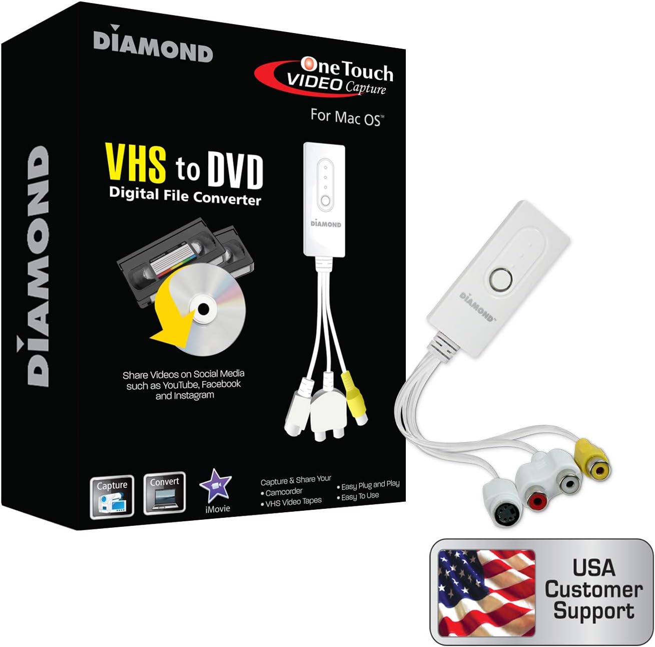 Diamond Multimedia Diamond Vc500 Usb 2.0 One Touch Vhs To Dvd Video Capture Device With Easy To Use Software, Convert, Edit And Save To Digital Files For Win7, Win8 And Win10, One Size