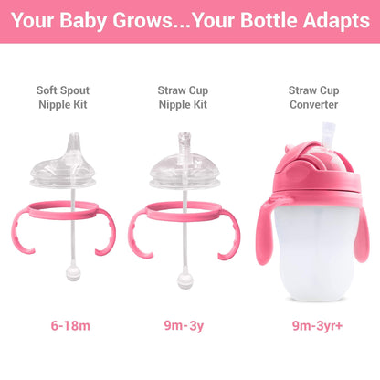 Anpei Straw Sippy Cup Transitional Nipple Kit Bundle Compatible with Comotomo Baby Bottles, 5 oz and 8 oz | Value Bundle 2 Kits + Brushes (Pink)