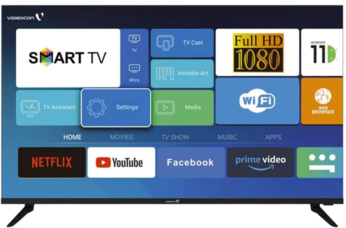 Videocon 43 Inch TV Full HD Smart Android 11 Google Play Netflix, YouTube, Shahid, Built, in Bluetooth, & WiFi, Black Color Model - E43EL1100-1 Year Full Warranty.