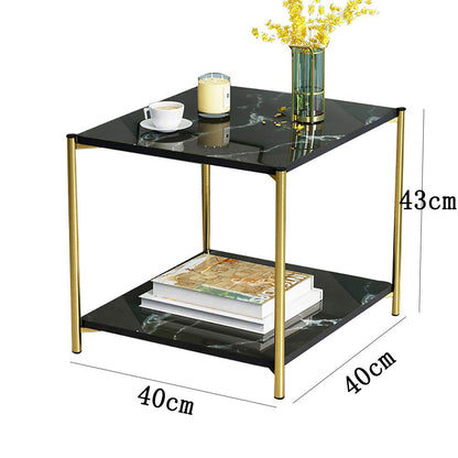 Coffee Tables for Living Room, Double-Layered Square End Side Tables Sofa Table, Modern Marble Nesting Table with Metal Frame Legs Set of 2 (White+square+Golden frame)