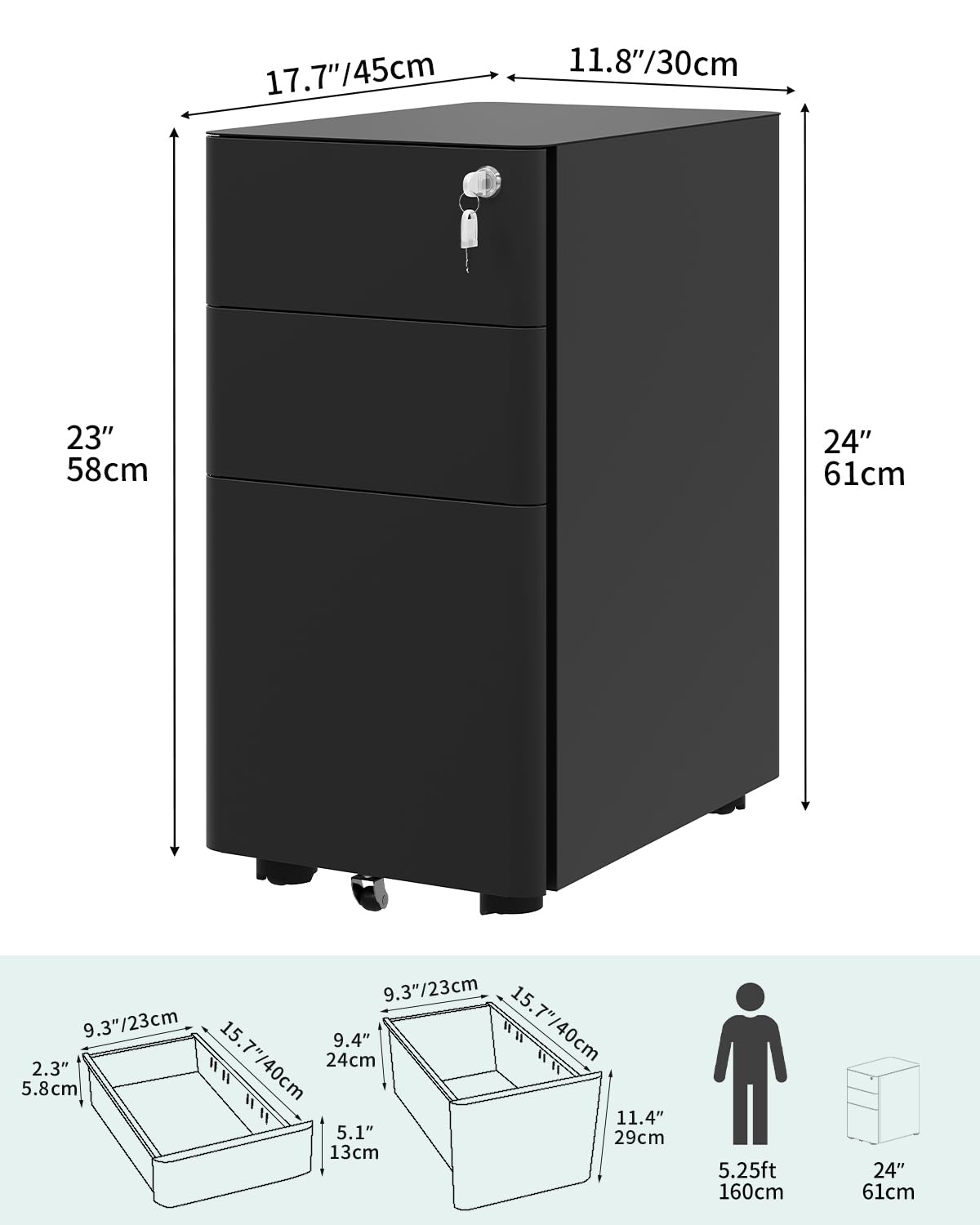 YITAHOME Fully Assembled Metal File Cabinet with 3 Lockable Drawers, Mobile Filing Cabinet for Home Office, Under Desk File Office Drawers for Letter/Legal/A4, Black, 30 x 46 x 59cm