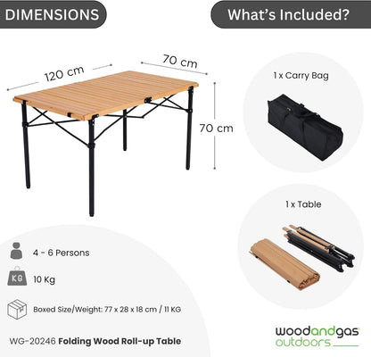 Natural Wood Roll Up Folding Table – Durable and Portable for Picnic, Camping, Beach, Outdoor – BBQ, Pizza Oven Stand – Multifunctional Foldable Table with Carry Bag – Size 120x70x70 cm - W:10 Kg