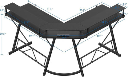 Chulovs Gaming Desk 50.4” with LED Strip & Power Outlets, L-Shaped Computer Corner Desk Carbon Fiber Surface with Monitor Stand, Ergonomic Gamer Table with Cup Holder, Headphone Hook (Black)