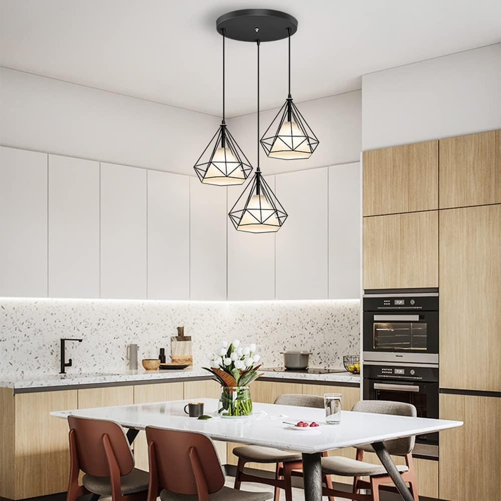 HUA QIANG WANG 1-Light Industrial Pendant Light Fixture Modern Black Farmhouse Hanging Lamp Adjustable Height Diamond Shape Ceiling Light for Kitchen Island Dining Room Living Room Bedroom (250mm)