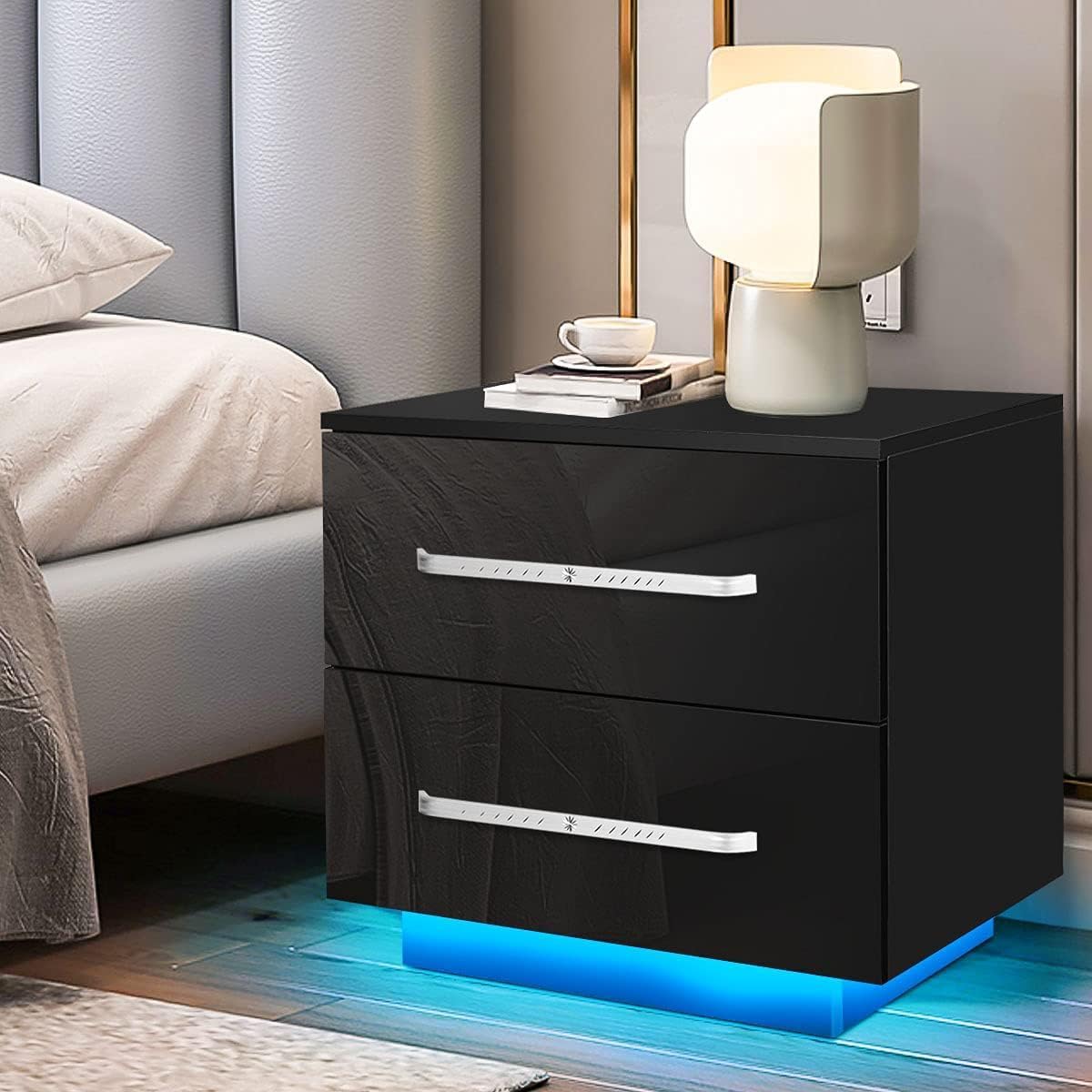 Hommpa LED Nightstand Modern Black Nightstand with Led Lights Wood Bedside Table Night Stand with 2 High Gloss Drawers for Bedroom 19.7" Tall