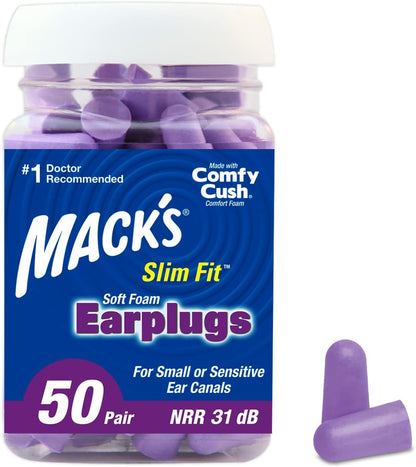 Mack's Slim Fit Soft Foam Earplugs, 50 Pair - Small Ear Plugs for Sleeping, Snoring, Traveling, Concerts, Shooting Sports and Power Tools