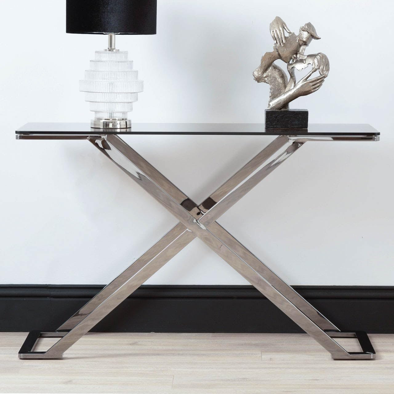 VANITY LIVING 120cm Console Table for Living Room Furniture, Slim Hallway Table with Silver Stainless Steel Base and Smoked Glass Top, Narrow Entryway Table