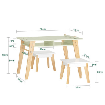 SoBuy (UAE STOCK) KMB92-GR, Children Table and 2 Stools Set, Art Table with Storage Shelves and Paper Roll Holder, Children Kids Table Set for Drawing, Studying