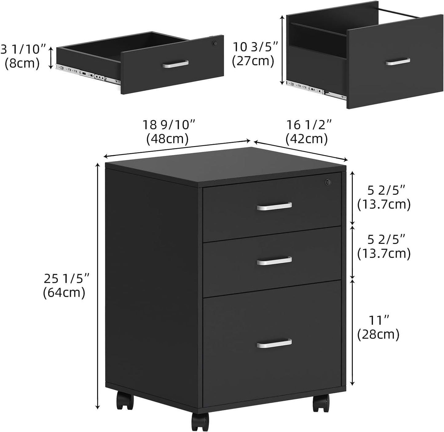 soges 3 Drawer Lockable Vertical File Cabinet Mobile Filing Cabinet on The Wheels, for Home Office, Vintage Brown