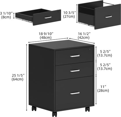 soges 3 Drawer Lockable Vertical File Cabinet Mobile Filing Cabinet on The Wheels, for Home Office, Vintage Brown