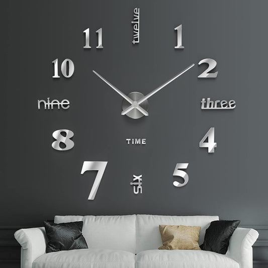 Pritzker Large DIY Wall Clock, Modern Frameless 3D Sticker Wall Clock with Adhesive Mirror Numbers for Home Office Decoration