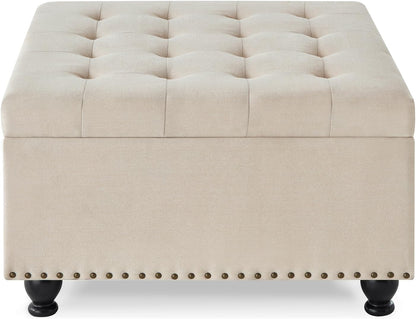 SPOFLYINN 30" L Square Storage Ottoman Bench, Upholstered Tufted Button Storage Bench with Nails Trim, Storage Toy Box Footrest Bench for Living Room, Bedroom Linen One Size