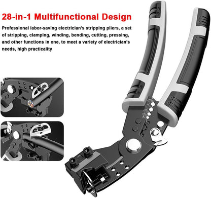 Eacam 28 in1 Multifunctional Wire Stripper Professional Wire Stripping Tool Portable Electric Cable Cutter Electrician Crimping Pliers with Metal Locking Buckle for Home Appliance Maintenance