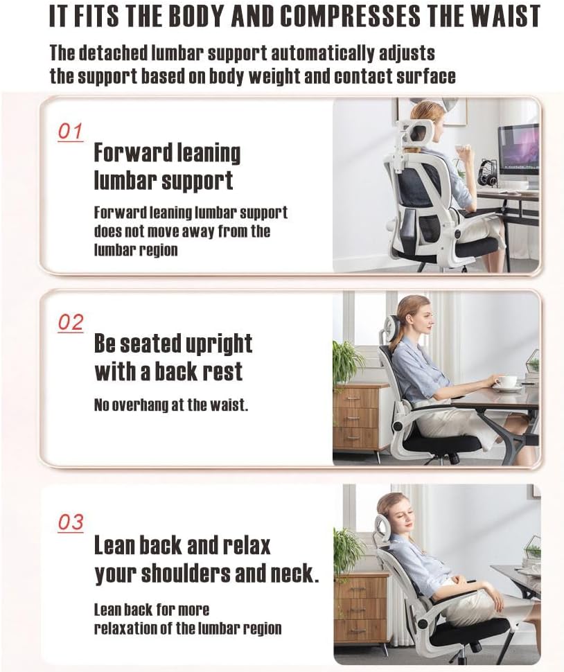 Home Office Desk Chair, Ergonomic Chair with Lumbar Support Armrest, with independent lumbar support Gaming Mesh Chair for Home with Headrest, Computer Chair with Armrest, Home Comfortable Chair