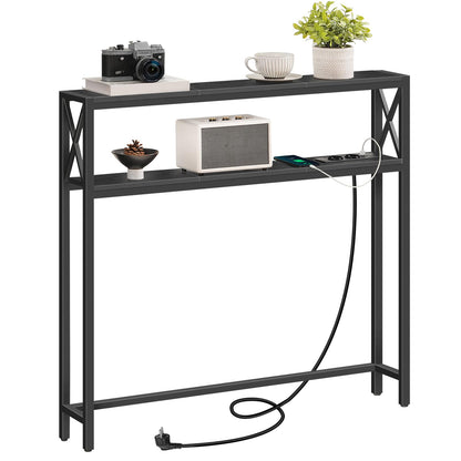 MAHANCRIS 100cm 2 Tier Entrance Table, Console Table with USB Sockets and Ports, Hallway Table with Storage Shelves, for Hallway, Living Room, Bedroom, Entrance, Black ACTHB115UE01