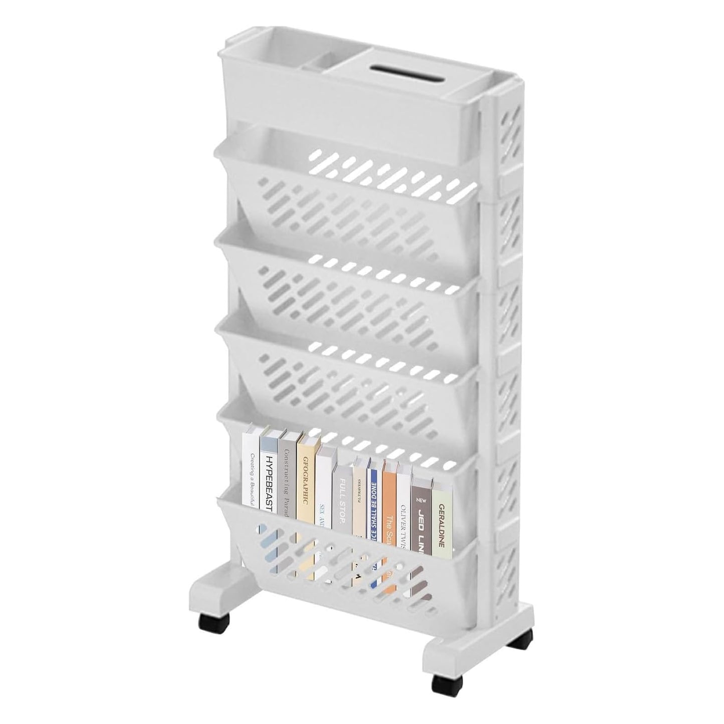 U-HOOME 5 Tiers Movable Bookshelf Cart with Wheels, Removable Unique Bookcase, Utility Organizer Book Rack with Wheels for Kids Children Students Study in Bedroom Living Room Home School (White 1)