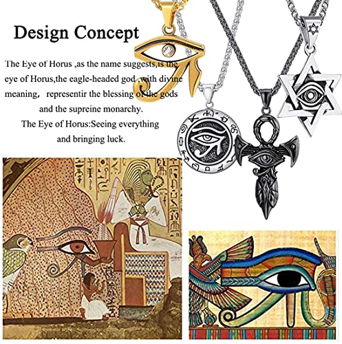 U7 Ancient Egyption Jewelry Stainless Steel 18K Gold Plated Eye of Horus Necklace, Ankh Cross Pendant, Men Women Fashion Jewelry with Chain 22 Inch, Send Gift Box