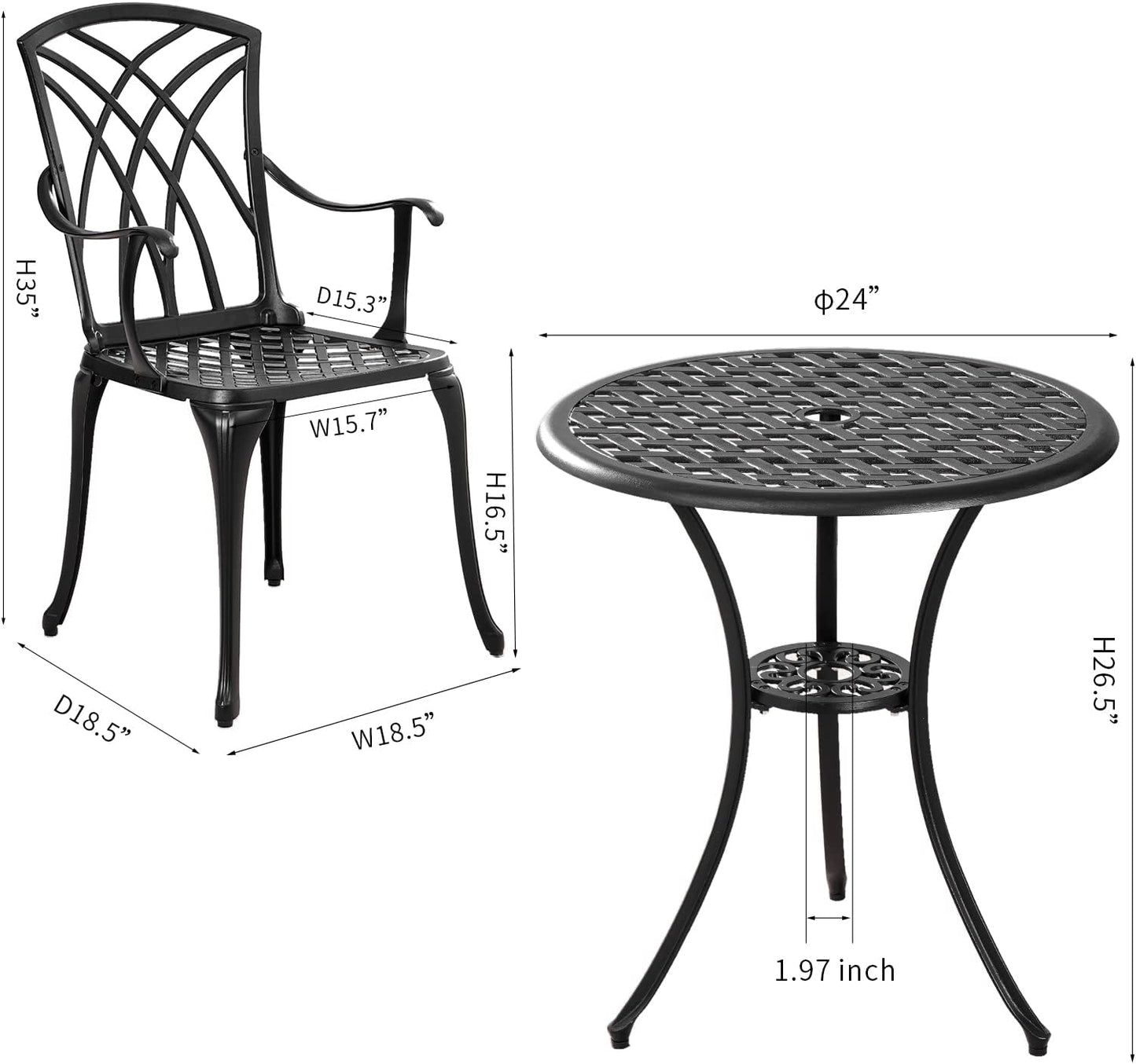 Withniture Bistro Table and Chairs Set of 2 Outdoor 3 Piece Bistro Sets Cast Aluminum Patio Bistro Set with Umbrella Hole, Patio Set for Garden, Black