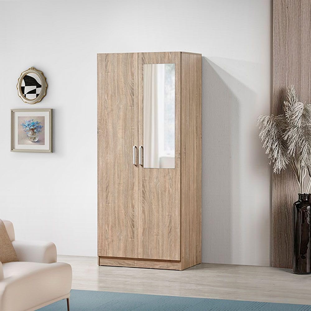 Danube Home Supreme 2 Door Wardrobe With Mirror | Extra Sturdy Closet, Clothes Storage Cupboard | Modern Design Space Saving Swing Door Cabinet For Bedroom L80xW52xH190cm - French Sonoma Oak