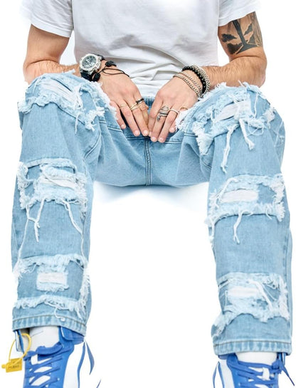 WEIBUMAOYI Men's Loose Fit Pants Relaxed-Fit Men Jeans Washed Oversize Straight Leg Carpenter Jean