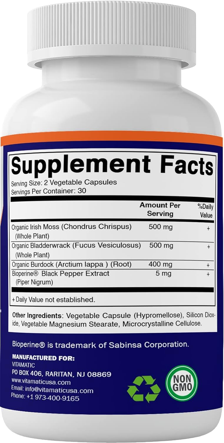 Vitamatic Irish Sea Moss Gummies - 3000 mg - 60 Vegan Gummies - Made with Bladderwrack & Burdock Root - Seamoss Supplement for Thyroid, Energy, Immune Support (60 Gummies (Pack of 1))