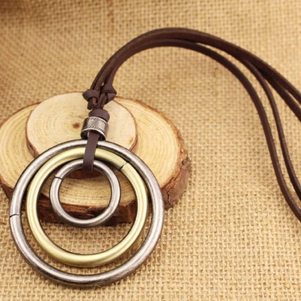 JczR.Y Leather Necklace for Men Double Circle Rings Leather Rope Pendant Necklace Punk Leather Chain Disc Ring Necklace Vintage Jewelry Gift