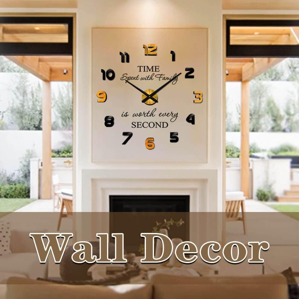 Vangold Mute DIY Frameless Large Wall Clock 3D Mirror Sticker Metal Watches for Home Office Decorations (Black Gold)