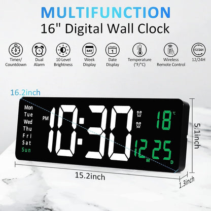 SKY-TOUCH Digital Wall Clock Large Display 16.2" Alarm Clock with Remote Control, LED Digital Clock Large Clock Automatic Brightness Dimmer Big Clock with Date, Week, Temperature